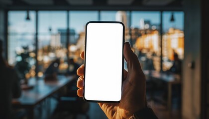 Smartphone Showcase: A hand firmly grasps a sleek smartphone, its blank screen offering a pristine canvas. The device stands ready for app displays, website previews, or interactive designs. 