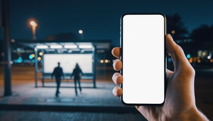Smartphone in the City: A hand holds a smartphone with a blank screen, the urban night scene reflecting in its surface, symbolizing modern communication and technology.
