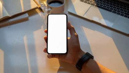 Hand Holding Smartphone: A close-up shot of a hand holding a sleek smartphone, showcasing a blank screen perfect for mockups, with desk accessories like laptop and coffee cup subtly arranged around. 