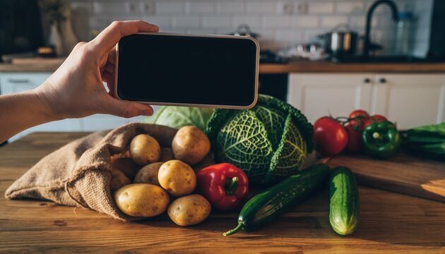 Digital Harvest: A person holds a smartphone, displaying a blank screen, near fresh vegetables. A rustic wooden table showcasing a seasonal assortment of garden produce.