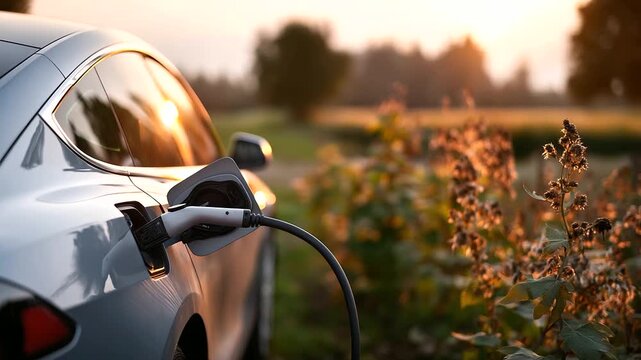 Close up of electric car charging ecology transportation concept power cable connection sustainable mobility green energy technology EV charging detail environmental