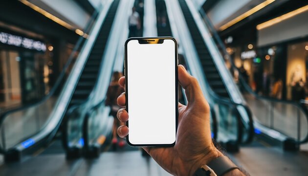 Mobile Device in Modern Setting: A close-up shot of a hand holding a mobile device with a blank screen, showcasing modern technology in a sleek retail or commercial setting, near escalators.
