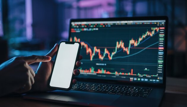 Trading Analysis: Hands using a smartphone to view and analyze stock market data displayed on a laptop screen, depicting the dynamism of modern finance.  - Powered by Adobe