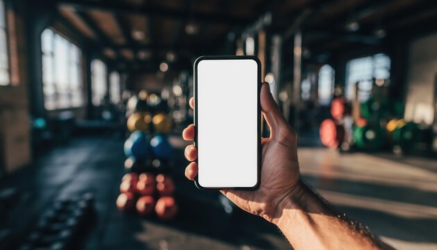 Smartphone in a Gym: A close-up view of a hand holding a smartphone with a blank screen, set against a blurred background of a modern gym, emphasizing digital fitness.