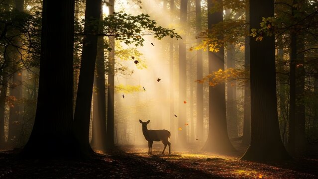 Young deer standing in sunlit forest with autumn leaves falling - Powered by Adobe