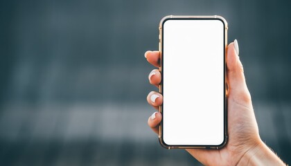 Smartphone Display Showcase: A hand delicately holds a smartphone with a blank screen, offering a crisp, clear display ready for showcasing content and apps, with a blurred background.