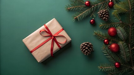 Christmas gift and fir tree branch on a green background