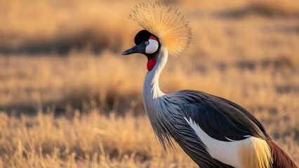 Obraz premium Graceful grey crowned crane standing in a sunlit golden field with a blurred background