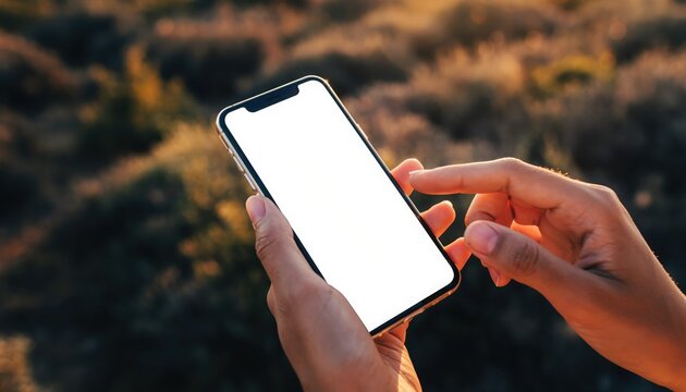 Holding the World in Hand: A close-up shot of a person's hands delicately holding and interacting with a smartphone, screen glowing with potential against the backdrop of a natural world. 
