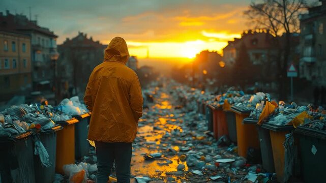 a homeless person in a garbage can