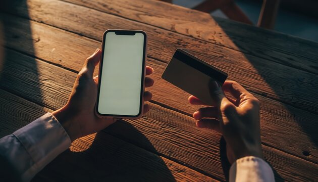 Online Transaction: A close-up view shows a person's hands poised for digital financial activities, clutching both a smartphone and a credit card.