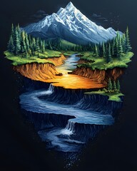 Floating island landscape with mountain river and waterfall scenic nature illustration art design
