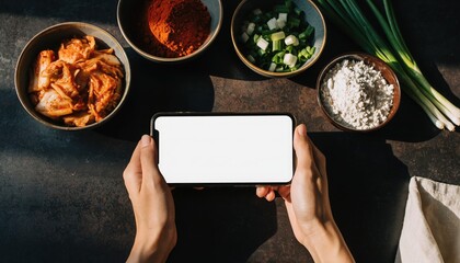 Culinary Screen: A close-up shot of hands holding a smartphone with blank screen, surrounded by a medley of vibrant ingredients in bowls. The scene is a perfect blend of food and technology.