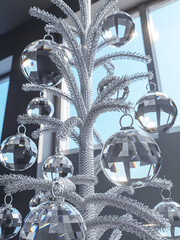 A Christmas tree with sunny, crystal-clear bells and balls hanging from a branch.
v.2.5