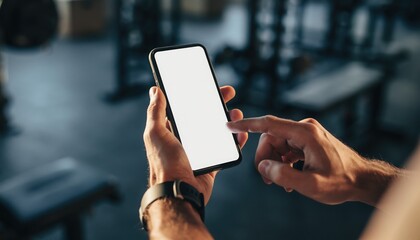 Workout Technology: A person in a gym environment interacts with a sleek mobile phone. The blank screen suggests the integration of technology into modern fitness practices.