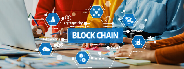 A dynamic collaboration focused on block chain technology, showcasing diverse professionals engaged in innovative solutions for security and network applications in modern business. Amity