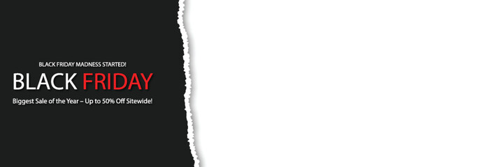 Minimalist vector wide banner with torn paper edge revealing black friday sale text on dark background and large white space for promotional design