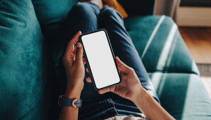 Digital Engagement: A person lies on a sofa holding a smartphone. Displayed on the screen is a blank canvas ready to showcase limitless possibility.