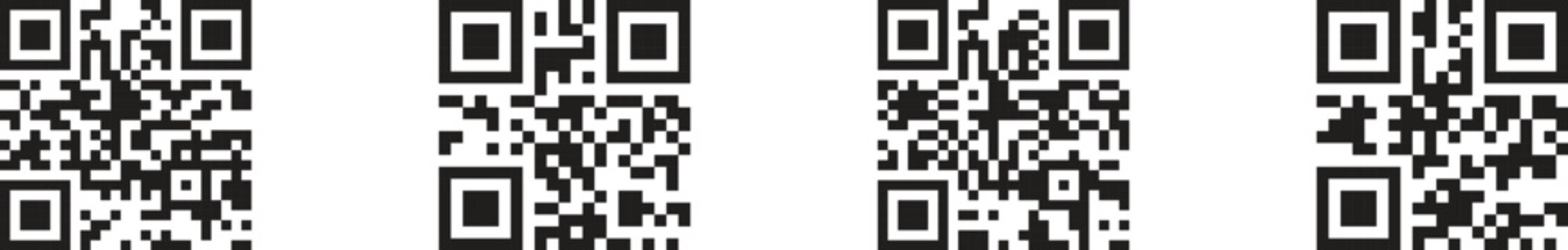 Minimalist vector art row of four black qr code icons aligned horizontally on white, simple square barcodes for digital payment and contactless scanning design