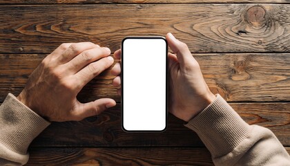 Holding a Smartphone on a Wooden Surface: A person's hands delicately cradle a sleek, modern smartphone, the bright screen contrasting with the rustic warmth of a wooden table.