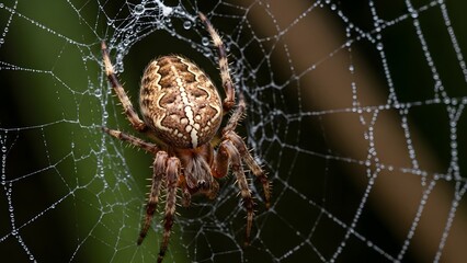 Close up view of an orb weaver spider on a dewy web in a garden setting