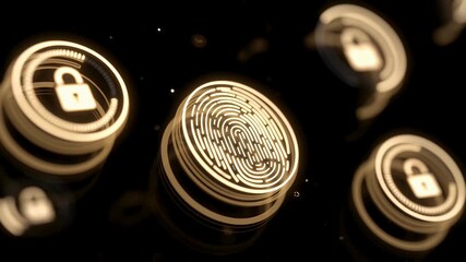 Dynamic fingerprint scan with glowing locks, a modern security video for digital protection and biometric access, technology concept in motion - Powered by Adobe