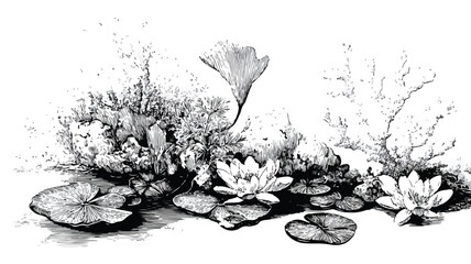 Botanical Illustration of Plants with Water Lily Pads and 'Quote' Word
