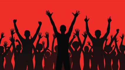 Silhouette of a crowd with raised hands, symbolizing celebration or support during an event..eps