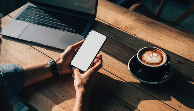 Tech & Coffee: A person seated at a cafe, engrossed in their smartphone while a laptop sits open nearby. A latte, with its intricate foam design, adds a touch of sophistication to the scene. 