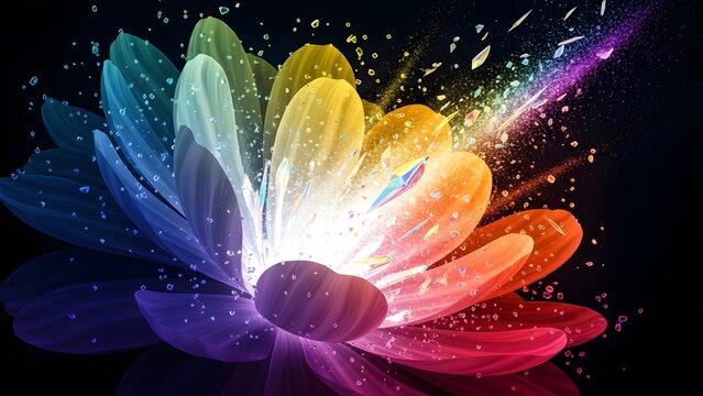 Vibrant abstract flower with colorful petals and sparkling light particles on dark background