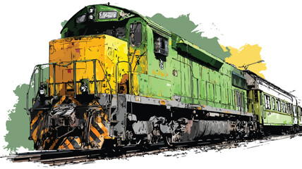 Obraz premium Vibrant Green Train with Yellow Top and Black Engine Traveling on Tracks