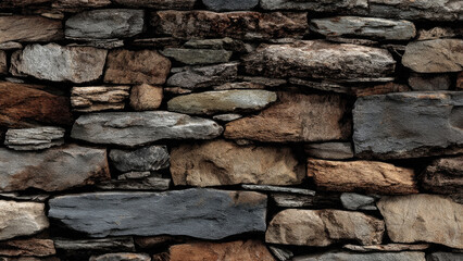 Fototapeta premium A close-up view of a rugged, dry-stacked stone wall featuring natural rocks in earthy tones, creating a durable, rustic texture.