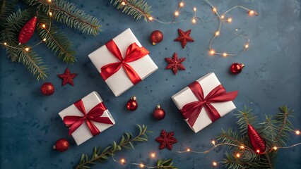 Festive christmas gift boxes with red ribbons and holiday decorations on blue