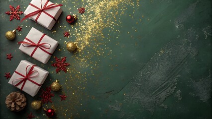 Festive christmas gifts with gold glitter and decorations on green background