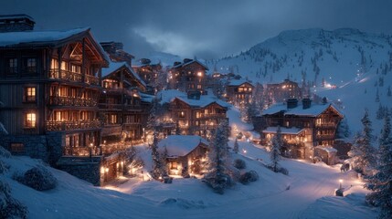A wide, cinematic shot of a picturesque mountain resort covered in snow, every chalet exterior decorated with warm lights,
