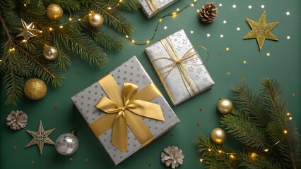 Elegant christmas gifts and decorations on a festive green background