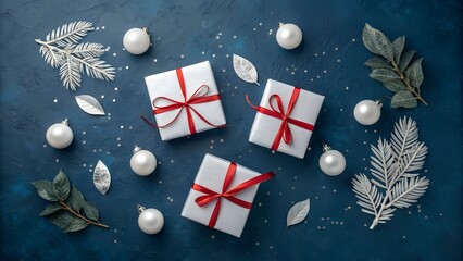 Festive christmas gift boxes with red ribbons and decorative ornaments on blue