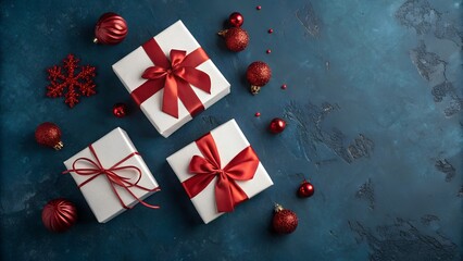 Festive christmas gifts and red ornaments on a dark blue background