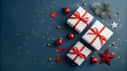 Festive christmas gift boxes with red ribbons on a dark blue background