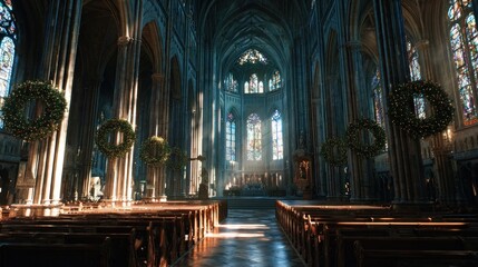 A wide, cinematic view of a majestic cathedral interior, sunlight streaming through stained-glass windows onto massive wreaths,