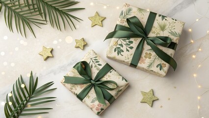 Elegant christmas gifts with green ribbons and natural decorations