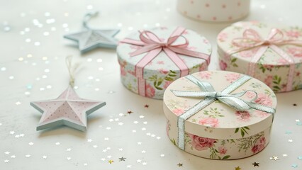Floral gift boxes with star ornaments and confetti on a white background