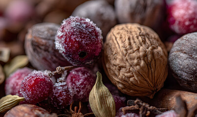 Festive arrangement of cardamom, nutmeg, whole cloves, cinnamon sticks, and frosted cranberries, styled in warm soft light with natural textures