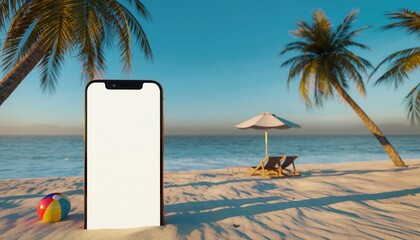 Smartphone Paradise: A modern smartphone stands as a portal to summer bliss on a tropical beach, with palm trees, the ocean and a beach umbrella creating the perfect holiday backdrop.