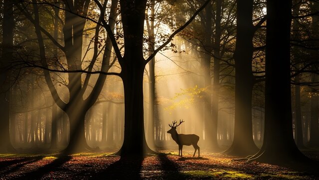 A solitary deer stands in a sun-drenched forest with mystical light rays filtering through tall trees