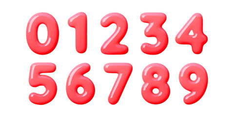 Playful glossy 3d red number set in bright balloon style. Soft inflated digits with shiny candy texture. Clean red shapes and smooth 3d number forms fit kids, party themes and fun modern design