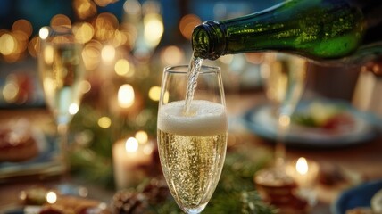 Champagne being poured into flute at festive candlelit dinner