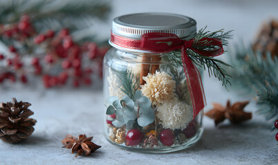 Transparent glass jar with miniature winter floral arrangement of dried eucalyptus, cranberries, and cinnamon sticks, silver lid tied with red ribbon and pine sprig