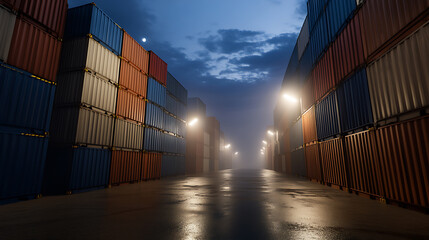 Fototapeta premium A foggy night at a shipping yard reveals stacked containers under dim lights, reflecting on the wet ground. The sky adds a moody backdrop to this industrial scene.