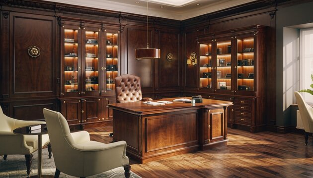 Opulent Workspace: An elegant office, featuring rich wood paneling, a classic desk, and sophisticated decor, embodying professionalism and refined taste.